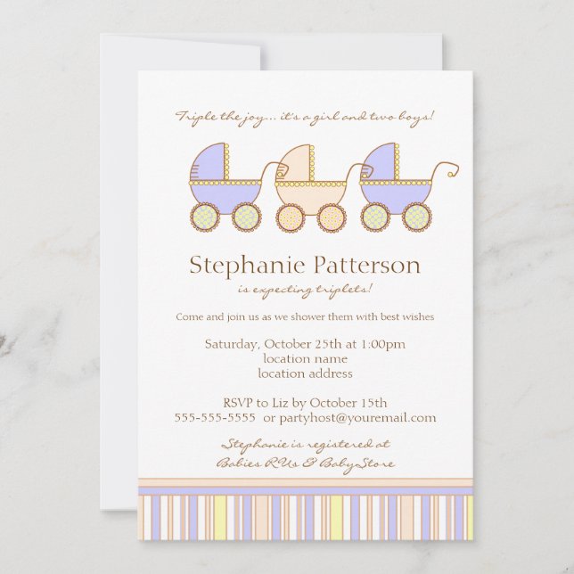 Trio Carriage Triplet Girl Boys Shower Invitation (Front)