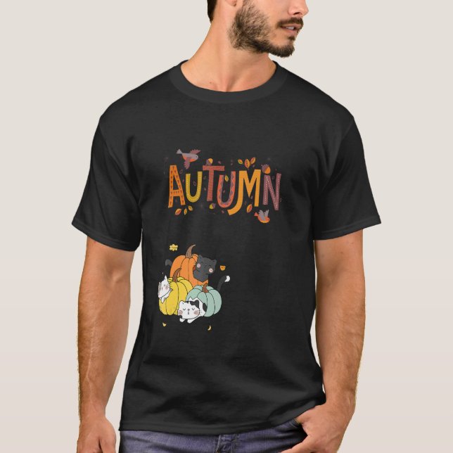 Trio Cute Pumpkin Cats Hello Fall Autumn T-Shirt (Front)