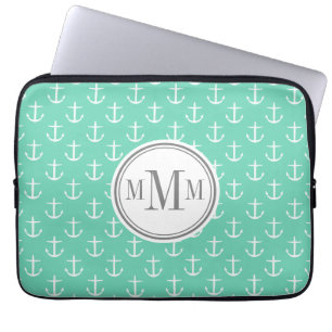 Trio Monogram Mint White Anchor Pattern Laptop Sleeve