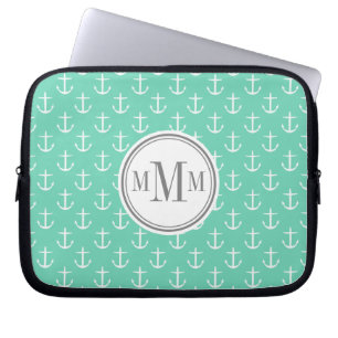 Trio Monogram Mint White Anchor Pattern Laptop Sleeve