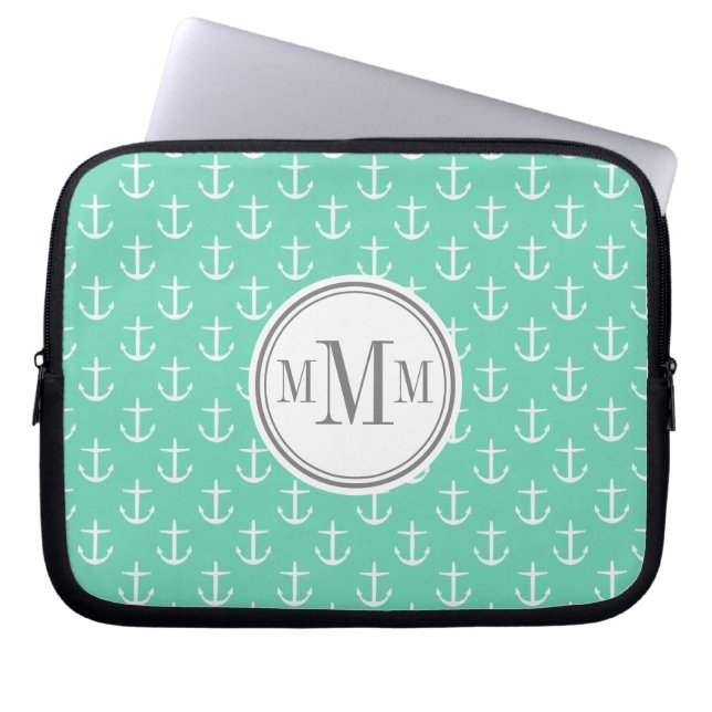 Trio Monogram Mint White Anchor Pattern Laptop Sleeve (Front)