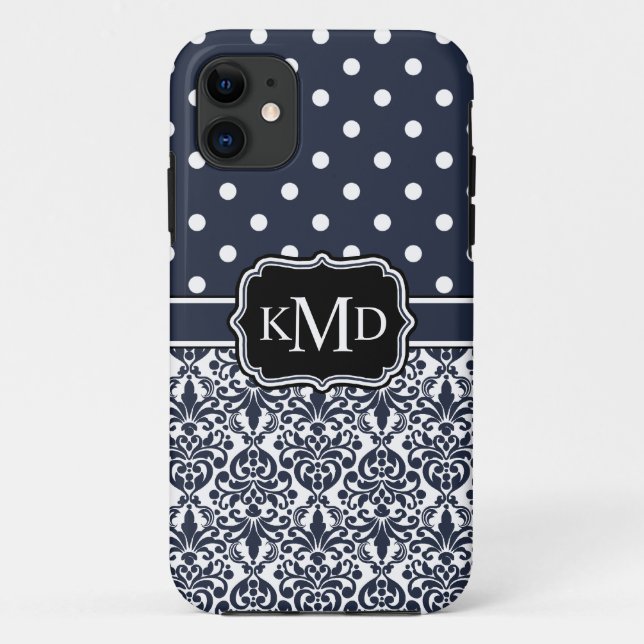 Trio Monogrammed Navy Damask Case-Mate iPhone Case (Back)