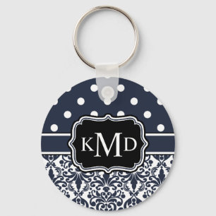 Trio Monogrammed Navy Damask Key Ring