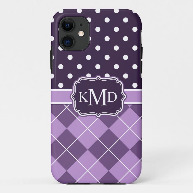 Trio Monogrammed Purple Argyle Dots Case-Mate iPhone Case (Back)