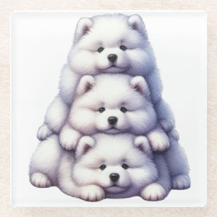 TRIO OF ADORABLE SAMOYED PUPPY DOGS GLASS COASTER