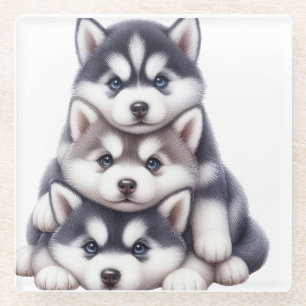 TRIO OF ADORABLE SIBERIAN HUSKY PUPPY DOGS GLASS COASTER