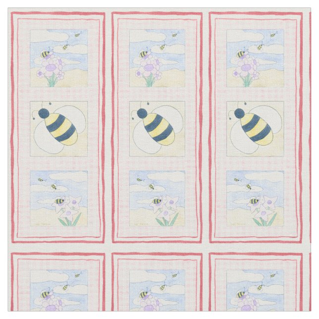Trio of Bees with Flowers Fabric (Close Up)