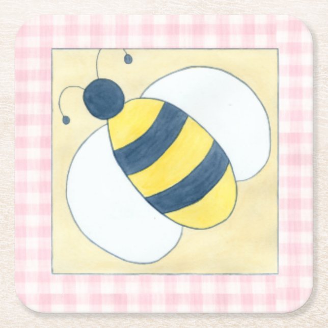 Trio of Bees with Flowers Square Paper Coaster (Front)