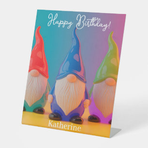 Trio of Glossy Ceramic Gnome Figurines with Name Pedestal Sign