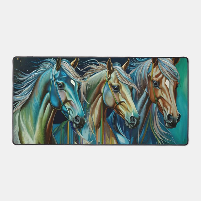 Trio of Horses Teal blue green brown Desk Mat (Front)