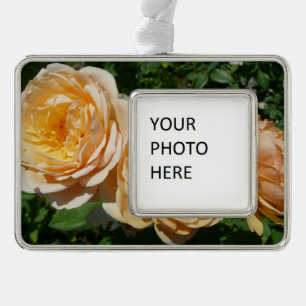 Trio of Peach Roses Floral Silver Plated Framed Ornament