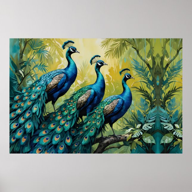 Trio of Peacocks in the jungle forest Poster (Front)