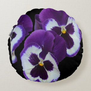 Trio of Purple White Pansy Blooms: Natures Harmony Round Cushion