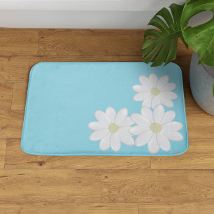 Trio of White Daisy Flowers Aqua Blue Bath Mat
