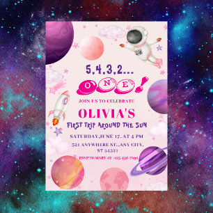 Trip Around the Sun  Pink Outer Space 1st Birthday Invitation