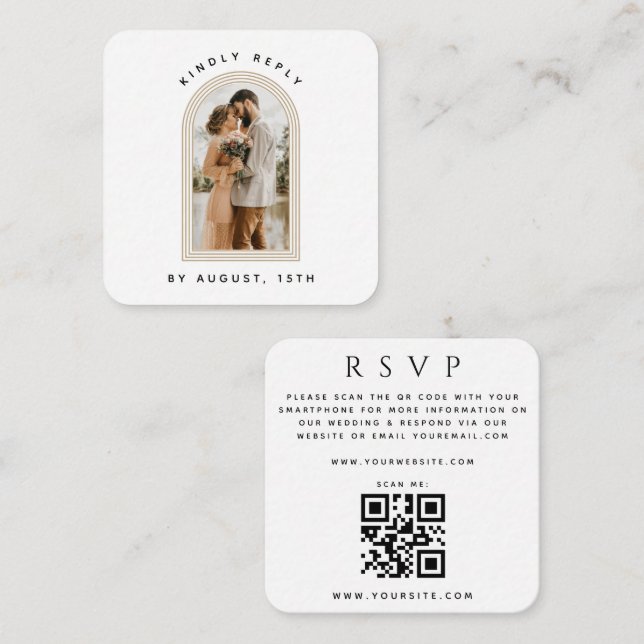 Triple Arch Photo QR Code Online Wedding RSVP Chic Enclosure Card (Front/Back)
