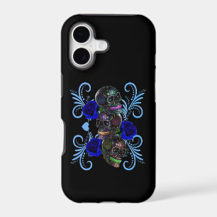 Triple Black Day Of The Dead Skulls Blue Roses