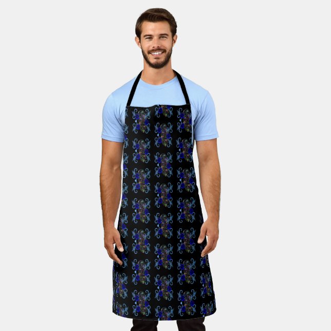 Triple Black Day Of The Dead Skulls Blue Roses Apron (Worn)