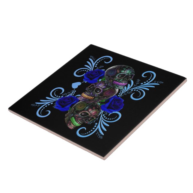 Triple Black Day Of The Dead Skulls Blue Roses Ceramic Tile (Side)