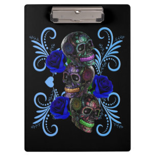 Triple Black Day Of The Dead Skulls Blue Roses Clipboard