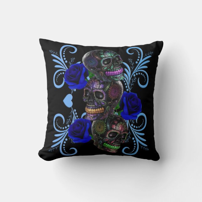 Triple Black Day Of The Dead Skulls Blue Roses Cushion (Front)