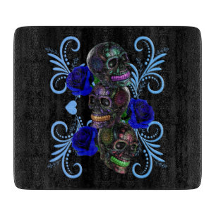 Triple Black Day Of The Dead Skulls Blue Roses Cutting Board