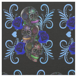 Triple Black Day Of The Dead Skulls Blue Roses Fabric
