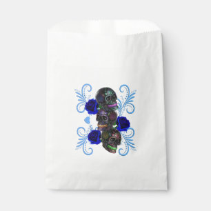 Triple Black Day Of The Dead Skulls Blue Roses Favour Bag