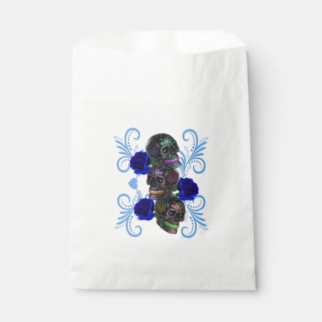 Triple Black Day Of The Dead Skulls Blue Roses Favour Bag (Front)