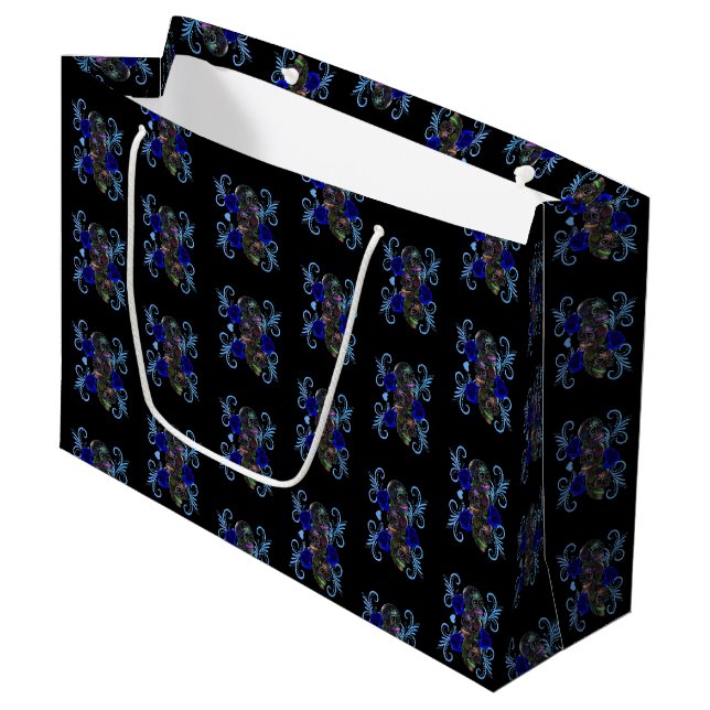 Triple Black Day Of The Dead Skulls Blue Roses Large Gift Bag (Front Angled)