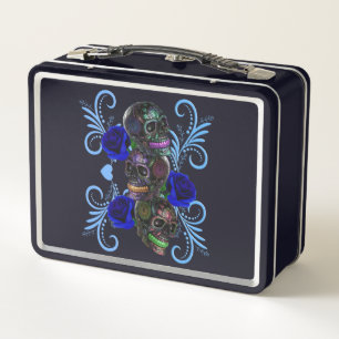 Triple Black Day Of The Dead Skulls Blue Roses Metal Lunch Box