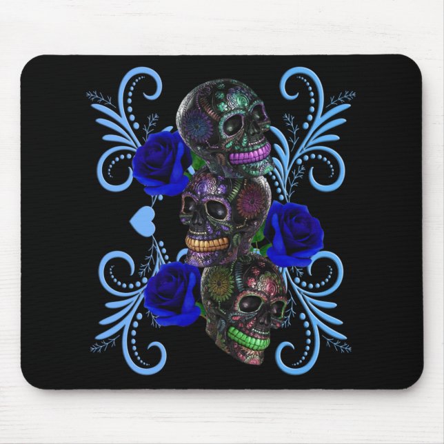 Triple Black Day Of The Dead Skulls Blue Roses Mouse Pad (Front)