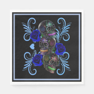 Triple Black Day Of The Dead Skulls Blue Roses Napkin
