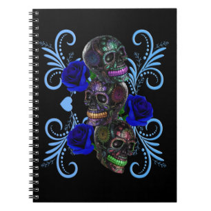 Triple Black Day Of The Dead Skulls Blue Roses Notebook