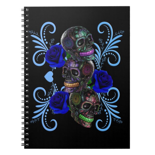 Triple Black Day Of The Dead Skulls Blue Roses Notebook (Front)