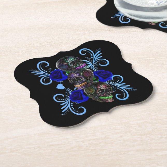 Triple Black Day Of The Dead Skulls Blue Roses Paper Coaster (Angled)