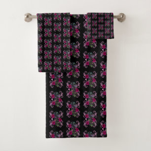 Triple Black Day Of The Dead Skulls Pink Roses Bath Towel Set