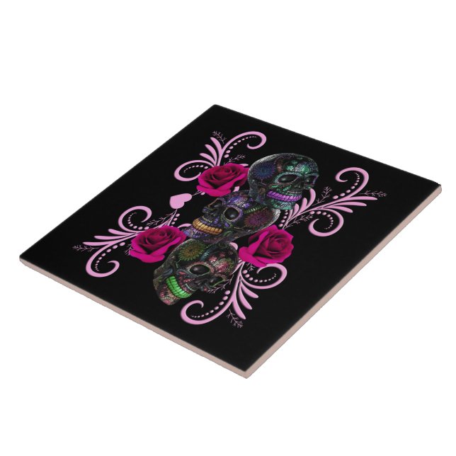 Triple Black Day Of The Dead Skulls Pink Roses Ceramic Tile (Side)