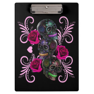 Triple Black Day Of The Dead Skulls Pink Roses Clipboard