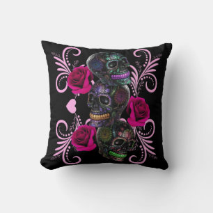 Triple Black Day Of The Dead Skulls Pink Roses Cushion