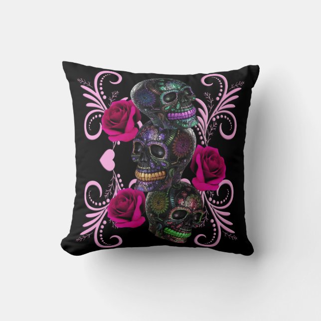 Triple Black Day Of The Dead Skulls Pink Roses Cushion (Front)