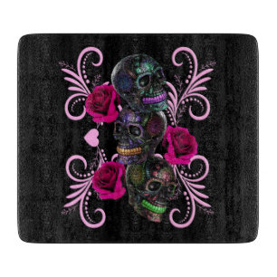 Triple Black Day Of The Dead Skulls Pink Roses Cutting Board