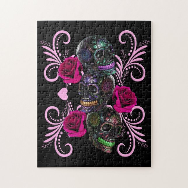 Triple Black Day Of The Dead Skulls Pink Roses Jigsaw Puzzle (Vertical)