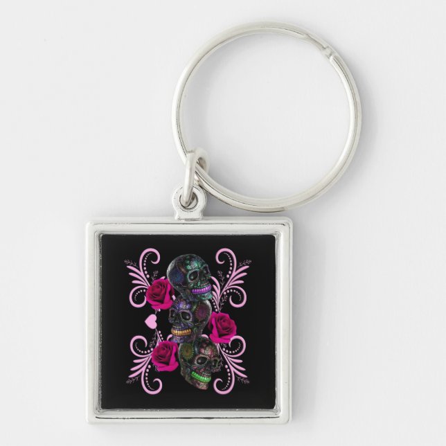 Triple Black Day Of The Dead Skulls Pink Roses Key Ring (Front)