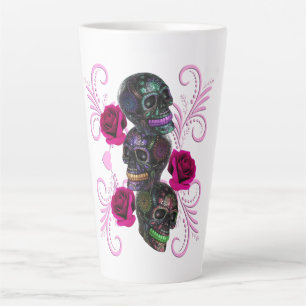 Triple Black Day Of The Dead Skulls Pink Roses Latte Mug