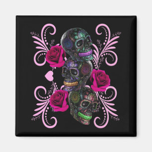 Triple Black Day Of The Dead Skulls Pink Roses Magnet