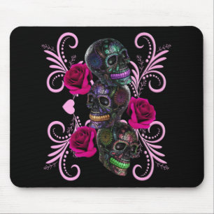 Triple Black Day Of The Dead Skulls Pink Roses Mouse Pad