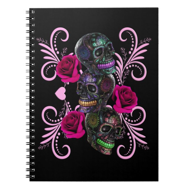 Triple Black Day Of The Dead Skulls Pink Roses Notebook (Front)