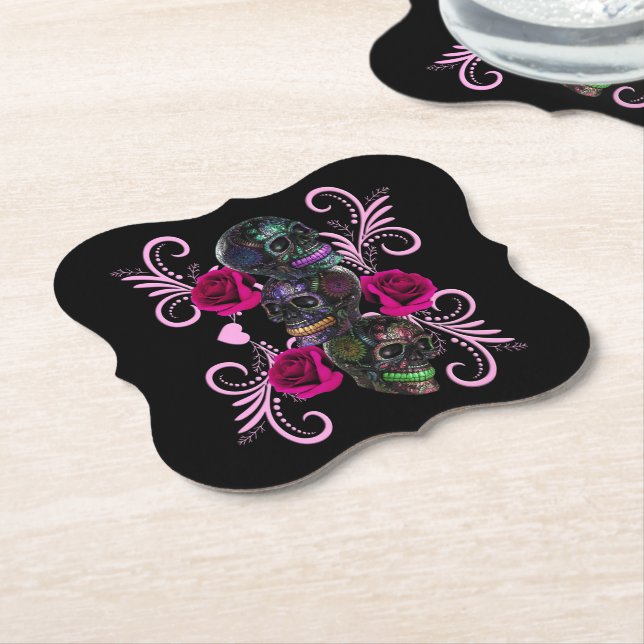 Triple Black Day Of The Dead Skulls Pink Roses Paper Coaster (Angled)