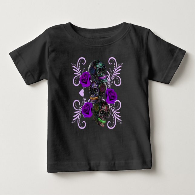 Triple Black Day Of The Dead Skulls Purple Roses Baby T-Shirt (Front)